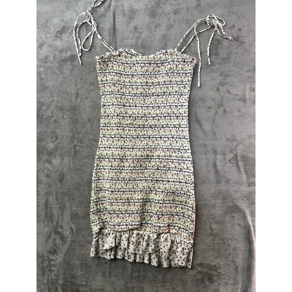 Storia Shirred Floral Mini Dress Womens Medium Tie Shoulder Ruffle Cottagecore